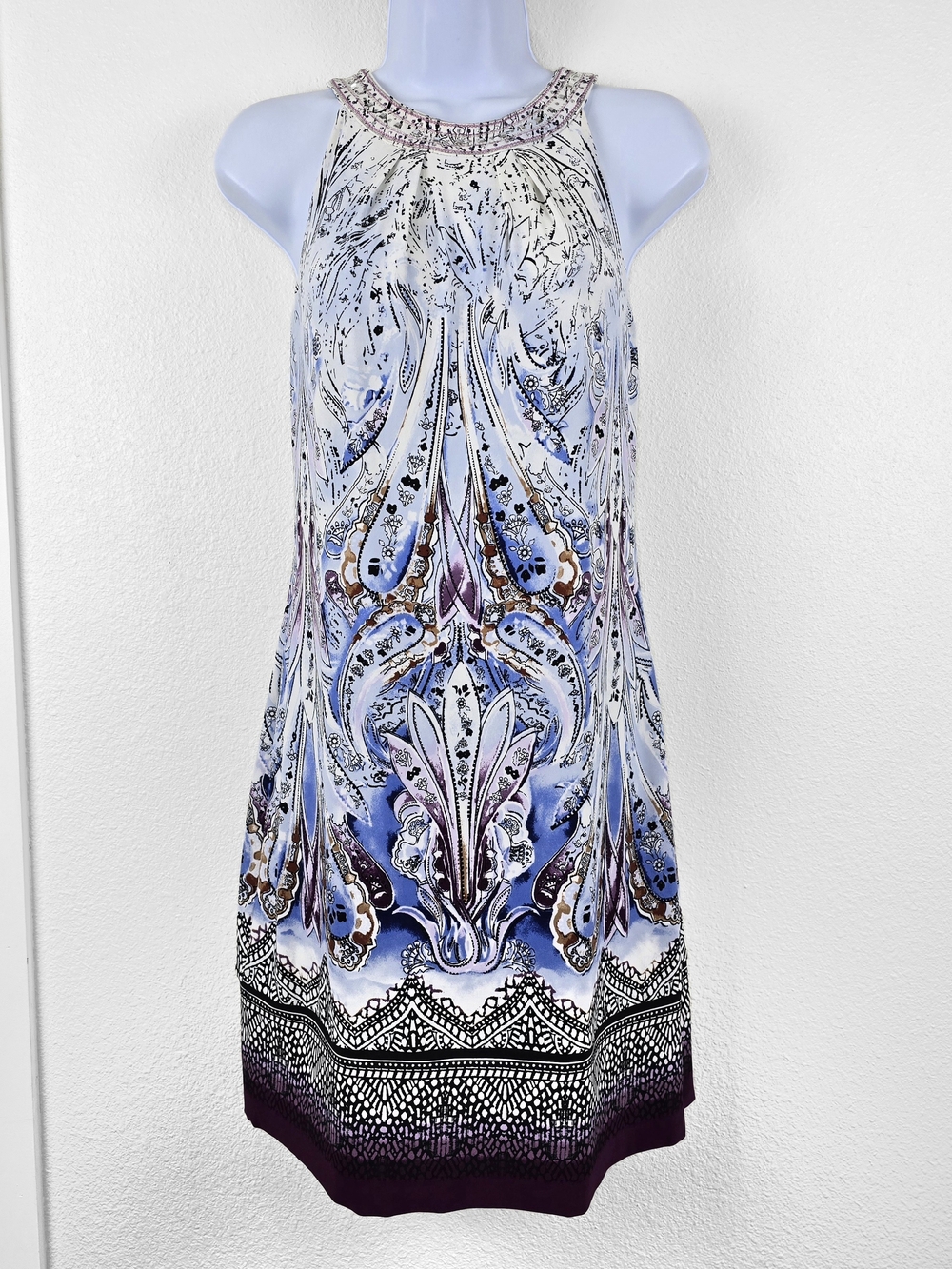 WHBM | Blue & White MultiColor Embellished Paisley Open Back Shift Dress - XS